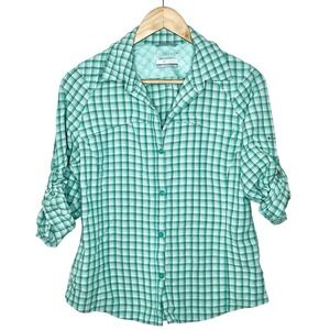 Columbia Omni Shade Roll Tab Shirt Teal Plaid Womens Size M Tech Hiking Outdoor